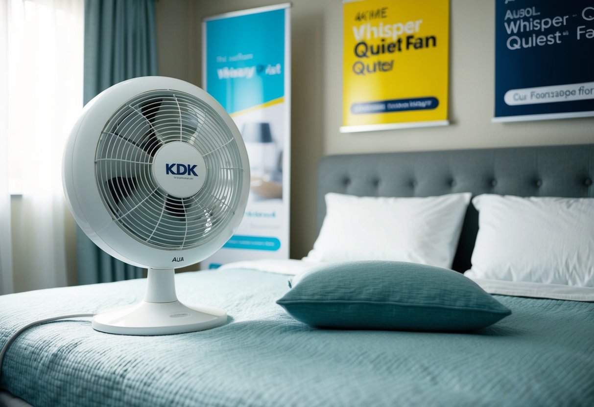 A tranquil bedroom with a KDK AU30L Whisper Quiet Fan gently circulating the air, surrounded by promotional banners