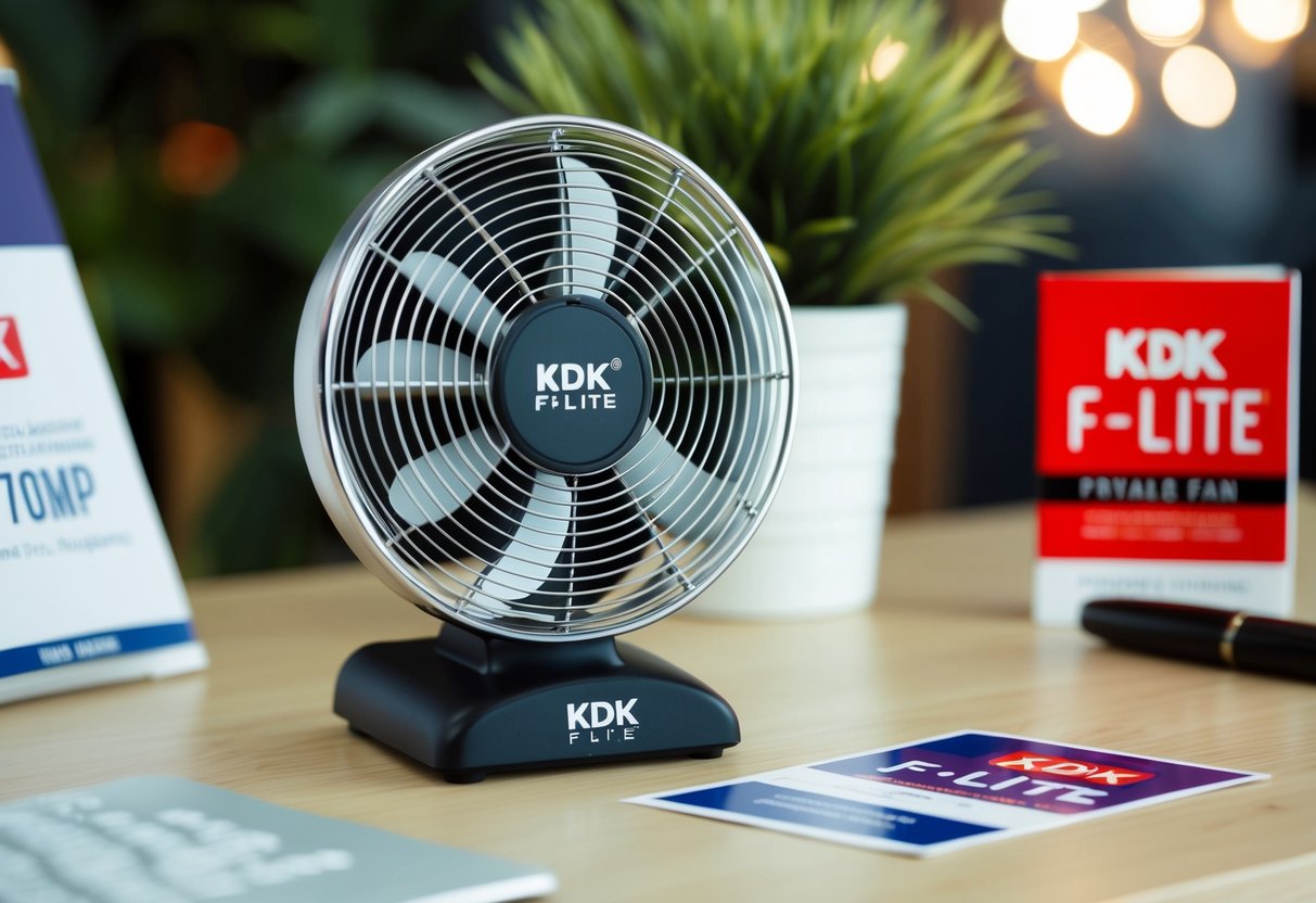 A small KDK F-Lite Petite fan sitting on a desk with promotional materials around it