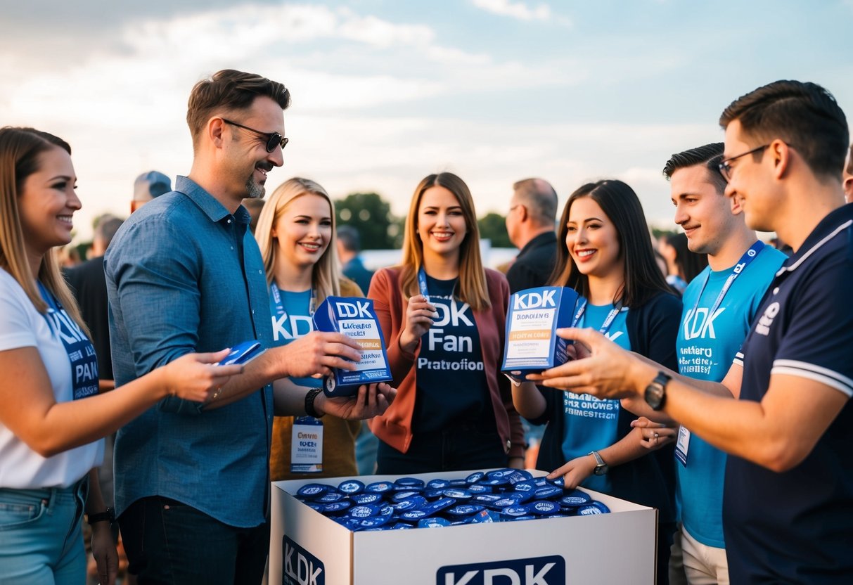 A group of people receiving promotional items from KDK Fan Promotions at an outdoor event