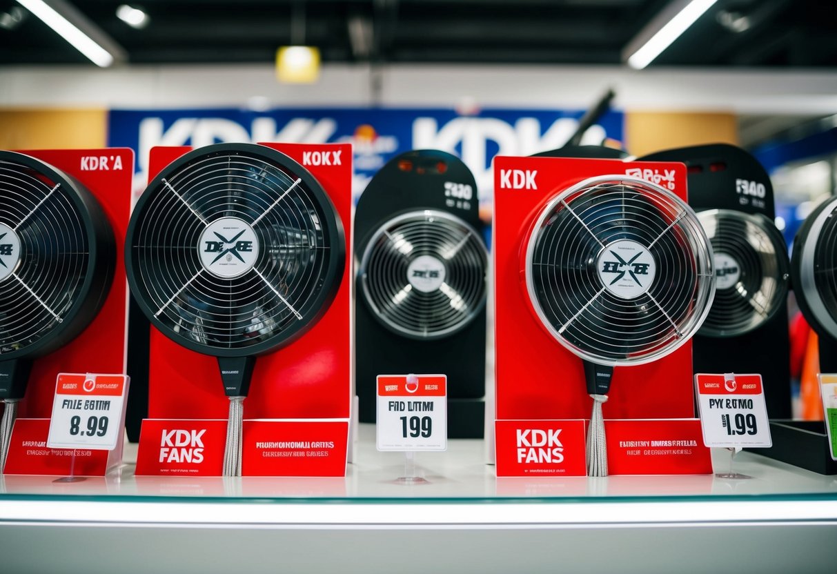 A display of kdk fans with promotional signs and price tags