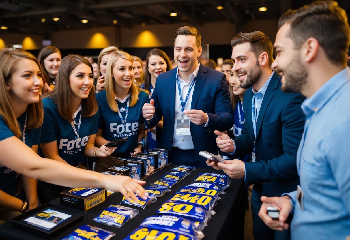 A group of excited fans surrounding a display of promotional items, eagerly asking questions to staff members