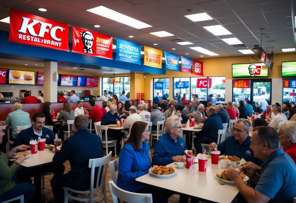 A crowded KFC restaurant with colorful promotional banners and signs displayed throughout the interior. Tables and chairs filled with customers enjoying their meals