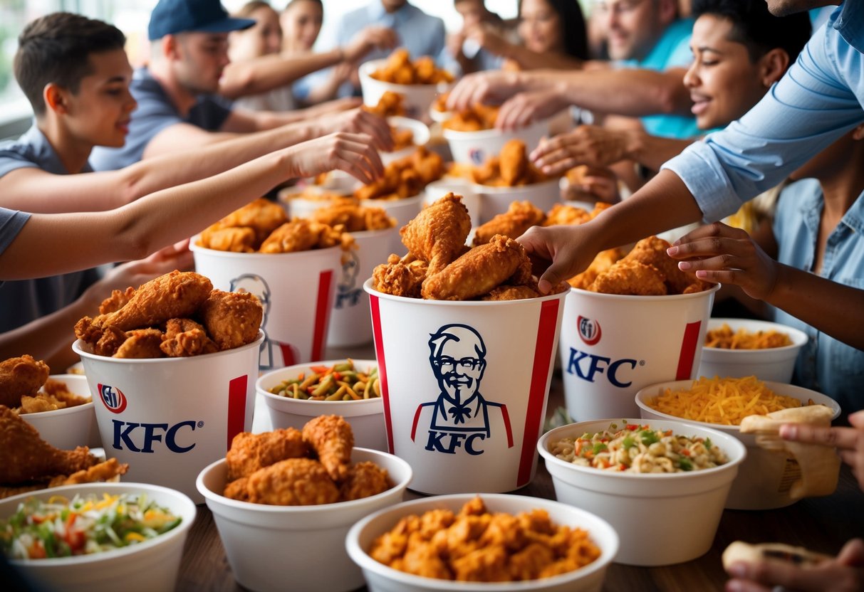 A crowded table with overflowing buckets of KFC chicken and various sides, surrounded by people eagerly reaching for the food