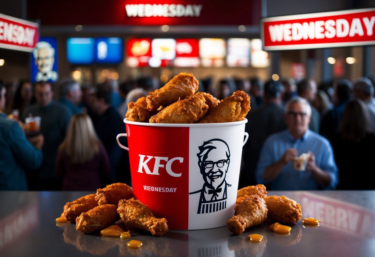 A red and white KFC bucket with wings spilling out, surrounded by Wednesday promotional signage and a crowd of hungry customers