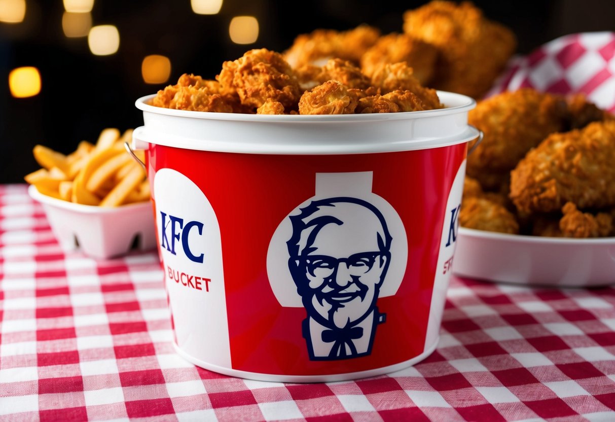 A red and white KFC bucket sits on a checkered tablecloth with a background of fried chicken and fries