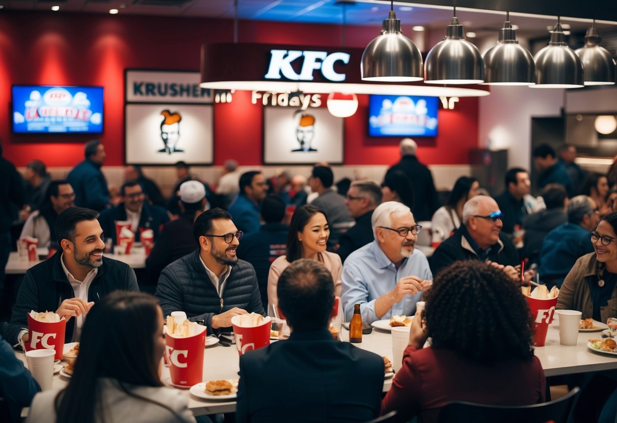 A crowded KFC restaurant with people enjoying Krushem Fridays specials