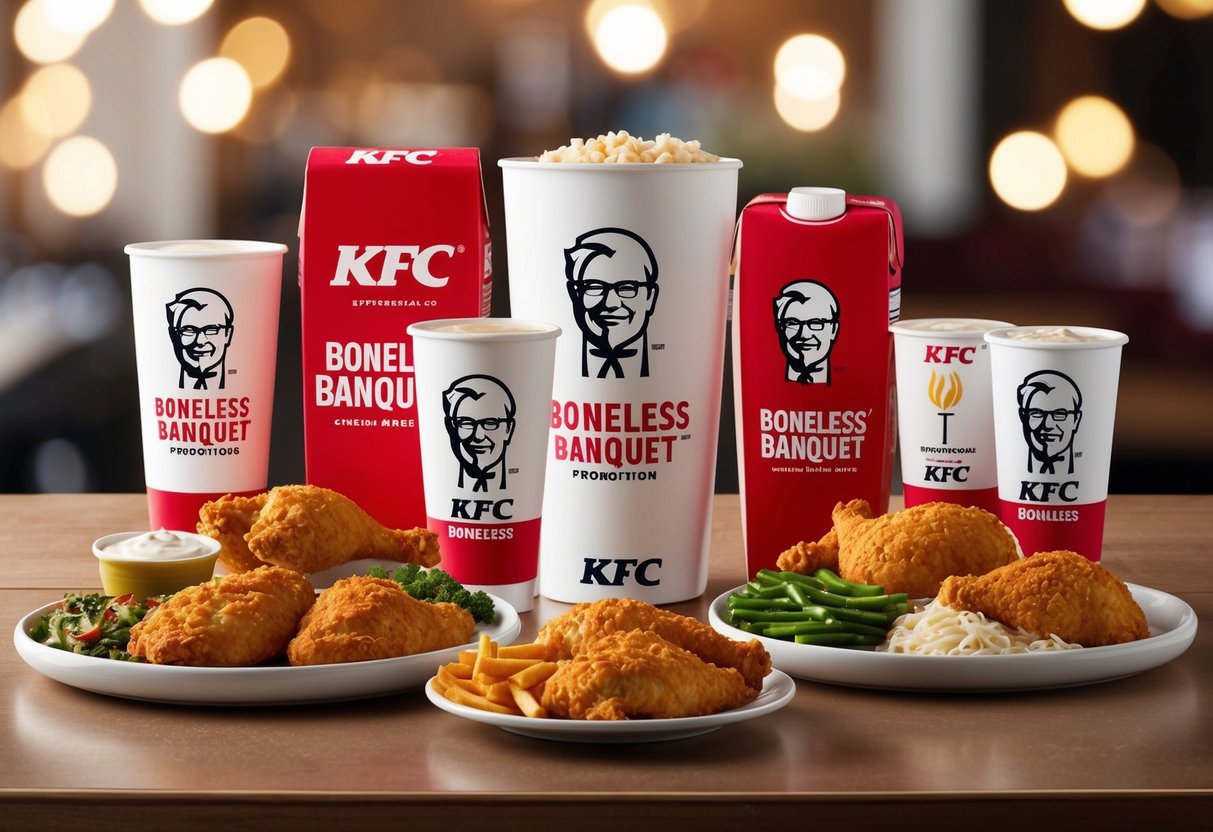 A table set with a variety of KFC Boneless Banquet promotions, including chicken, sides, and drinks, with the iconic red and white packaging