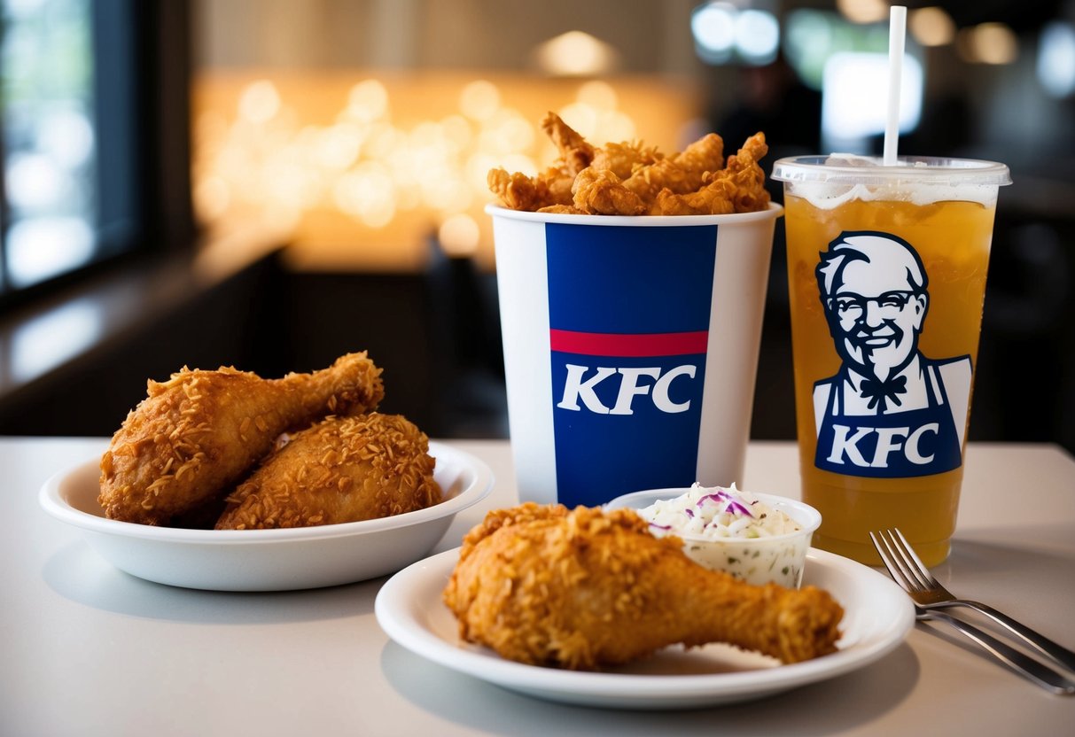 A table set with a bucket of fried chicken, a side of coleslaw, and a drink, all branded with the KFC logo