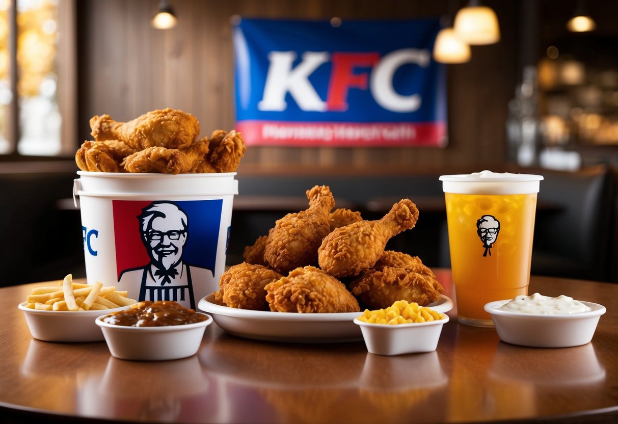 A table with a bucket of fried chicken, a variety of sides, and a drink. A banner with KFC logo hangs in the background