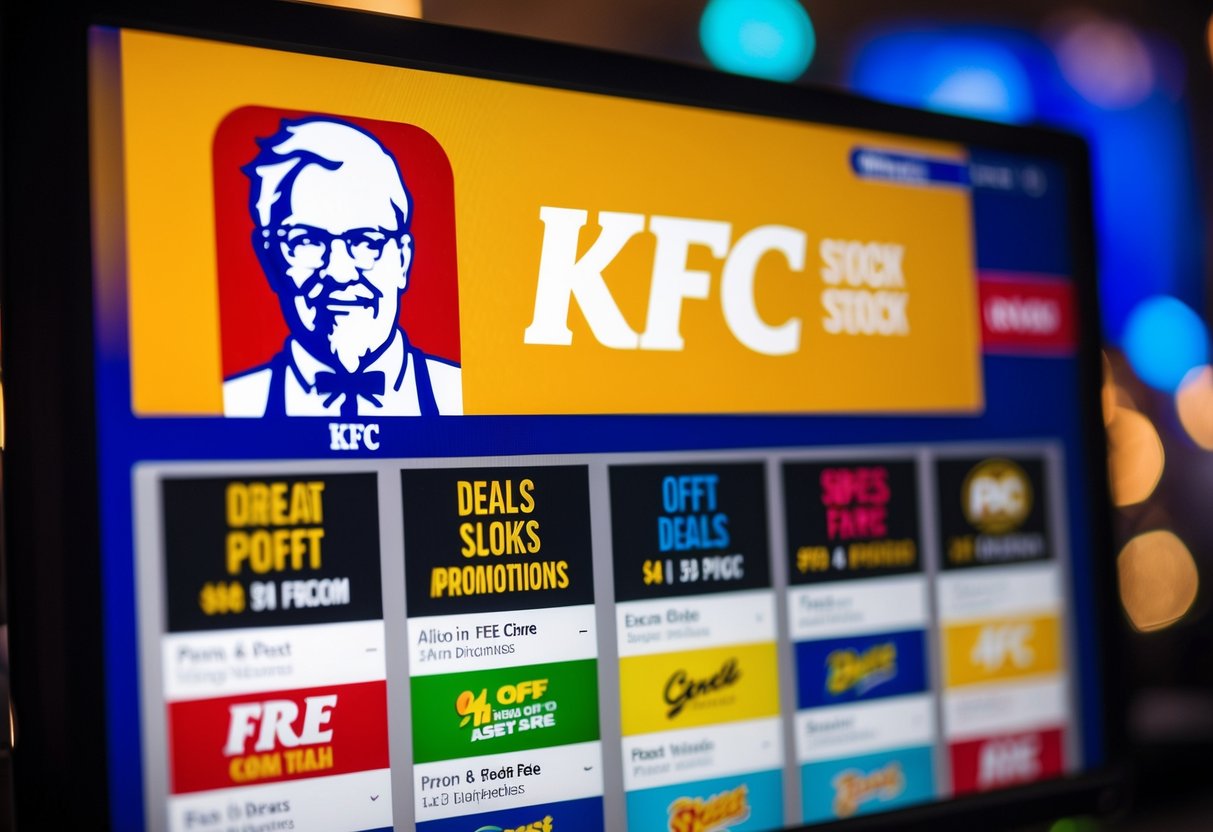 A colorful KFC logo displayed on a digital screen with various deals and promotions scrolling underneath