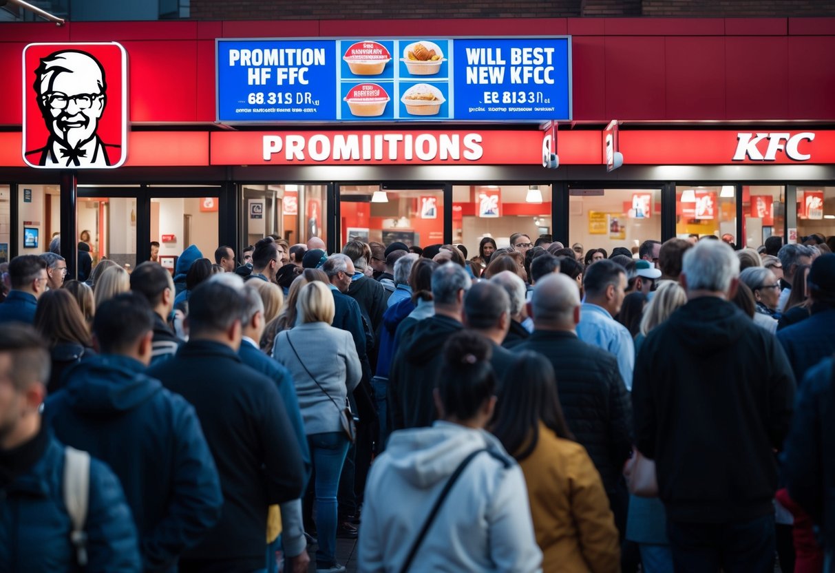 A crowded KFC restaurant with a prominent promotions board and people lining up