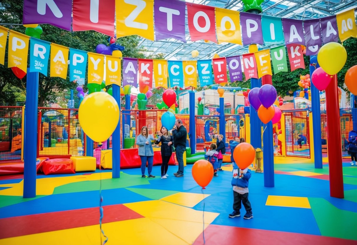 Colorful banners and balloons fill the vibrant Kiztopia play area, with families enjoying special promotions and activities