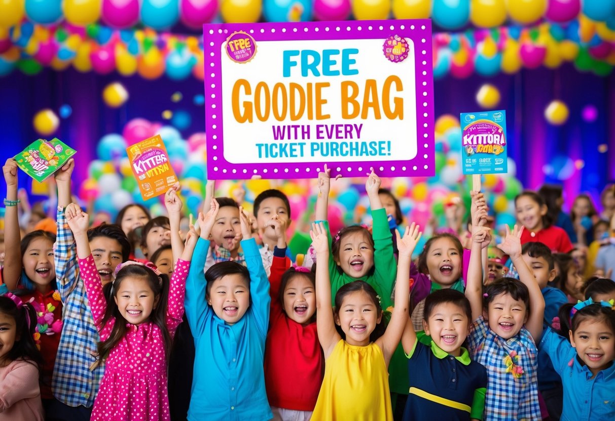 A colorful, festive scene with a large sign advertising "Free Goodie Bag with Every Ticket Purchase!" surrounded by excited children and families at the Kiztopia promotions event