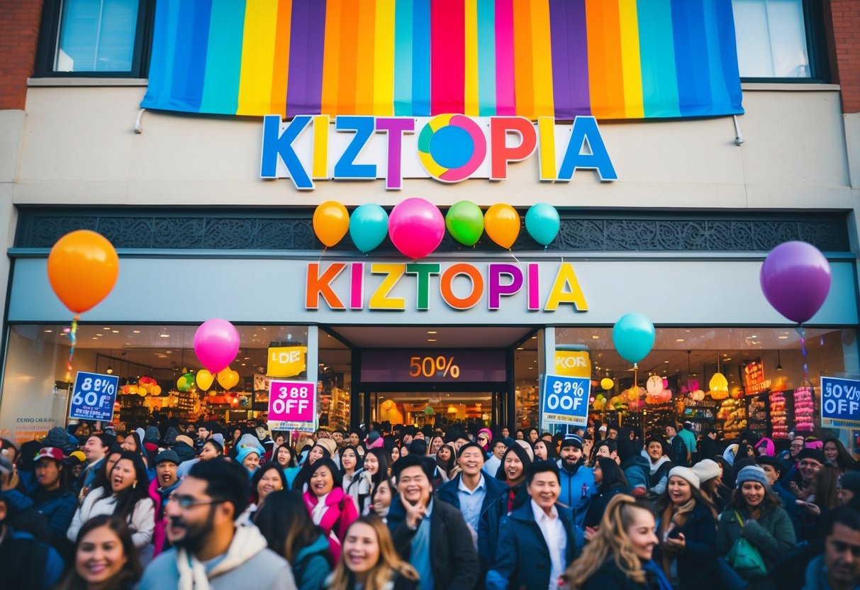 A colorful banner hanging above a bustling crowd of excited shoppers at the Kiztopia store, with discount signs and balloons adorning the storefront