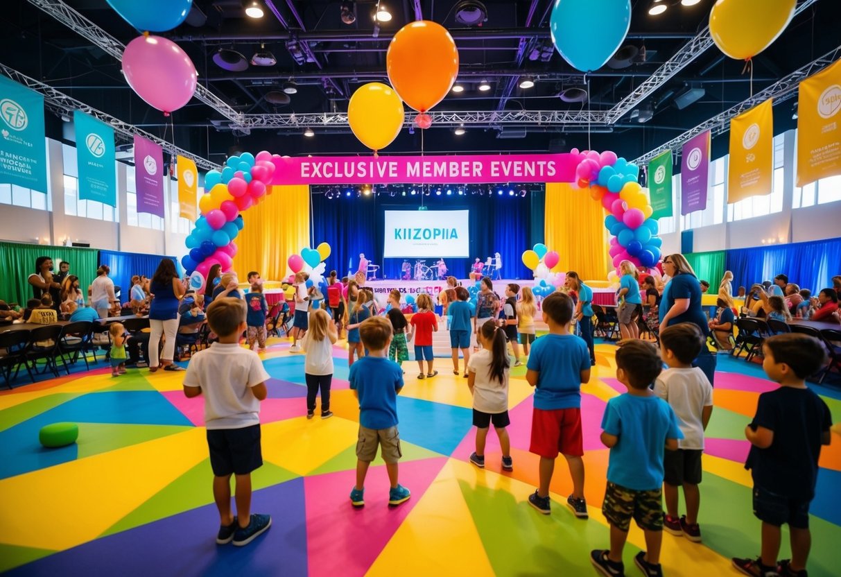 A colorful and lively event space with banners, balloons, and a stage for performances. Excited families and children line up for exclusive member events at Kiztopia