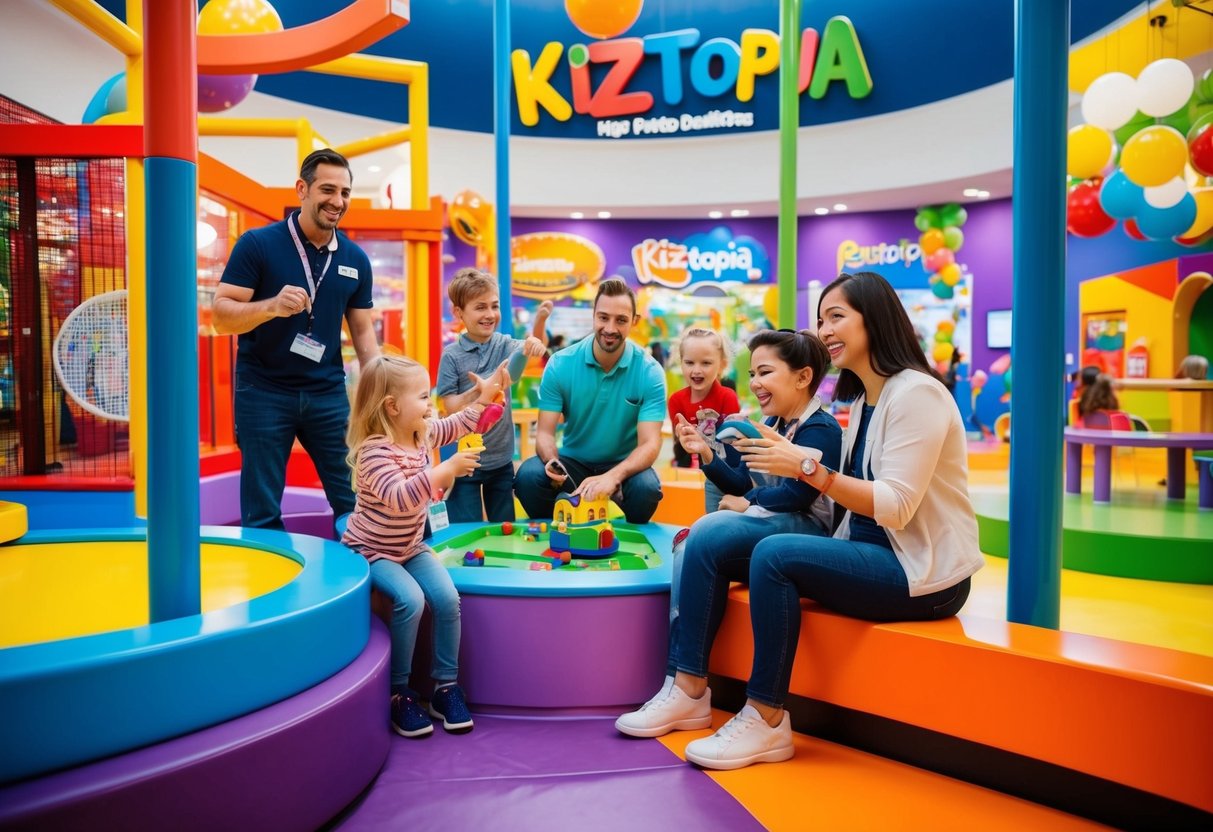 Families enjoying interactive exhibits, colorful play areas, and exciting promotions at Kiztopia, with cheerful staff assisting