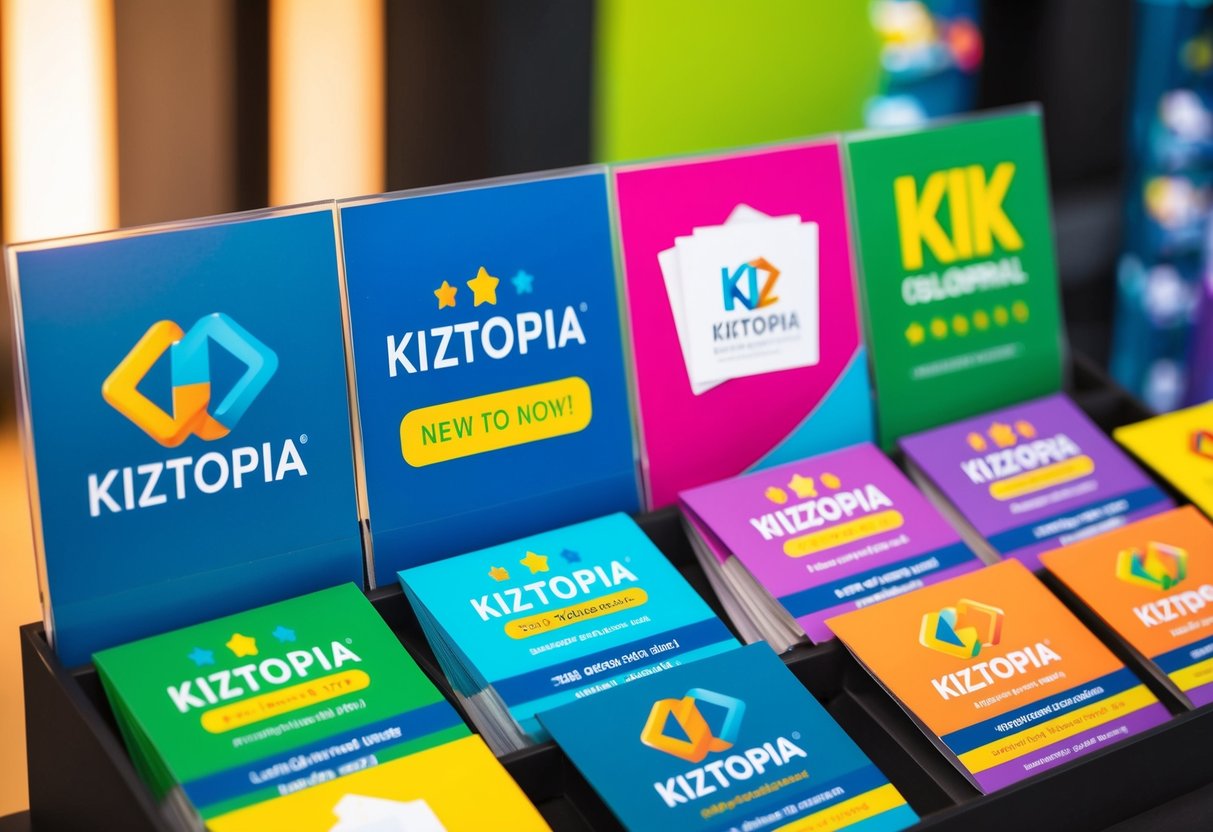 A colorful display of Kiztopia promotional materials, featuring vibrant logos and enticing offers