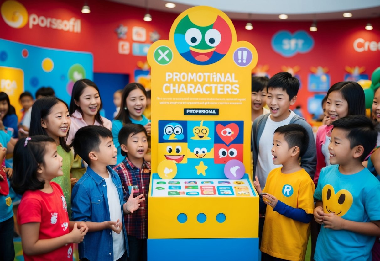 A colorful promotional display with playful characters and symbols, surrounded by excited children and families asking questions