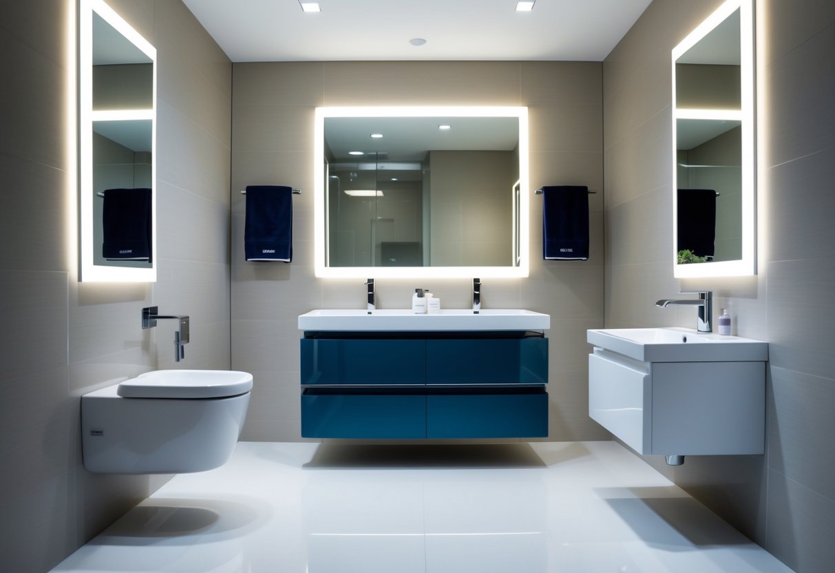 A modern bathroom with Kohler products on display. Bright lighting and clean lines create a sleek and inviting atmosphere