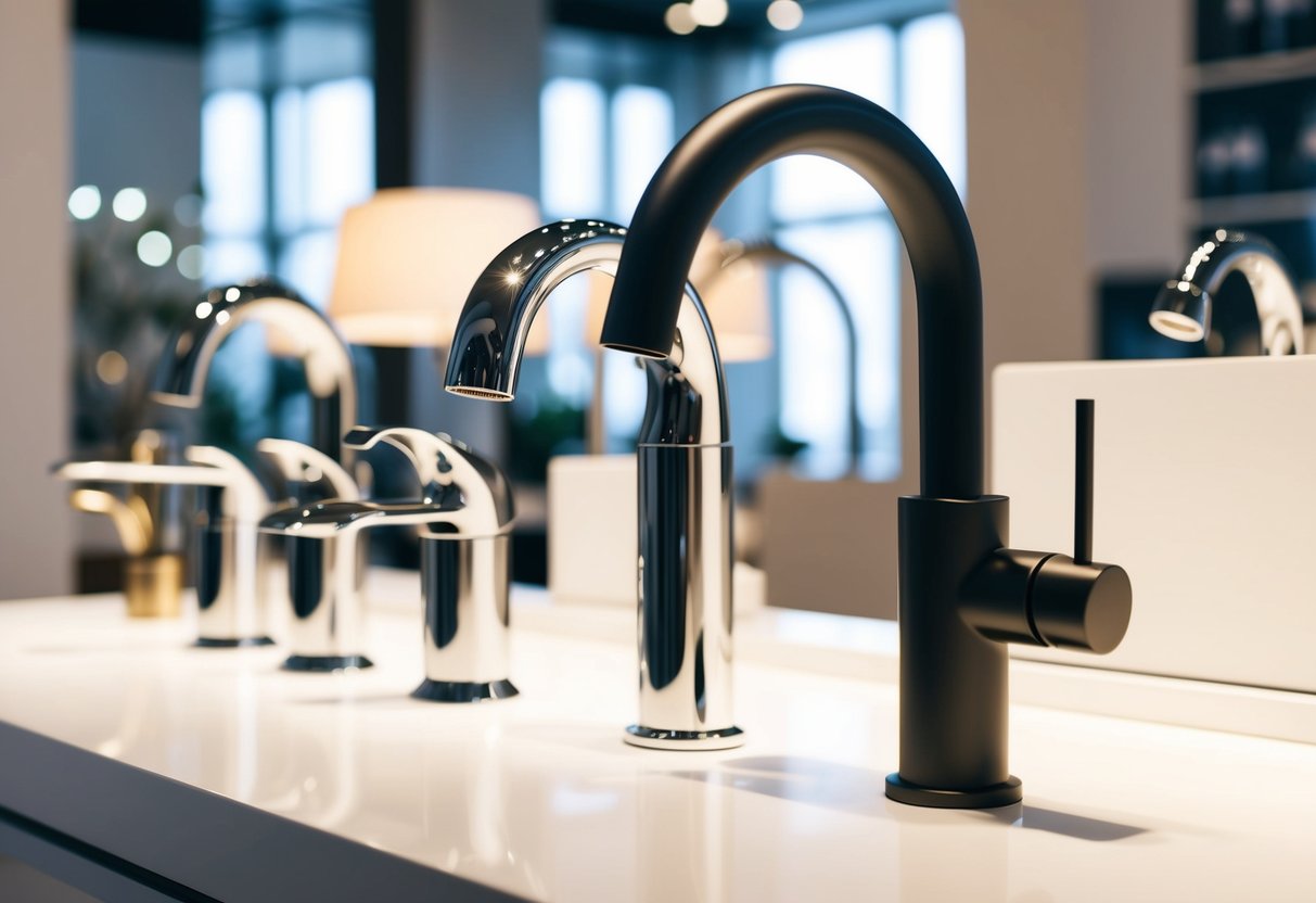 A display of sleek, modern faucets and fixtures in a showroom, highlighted by soft lighting and elegant presentation