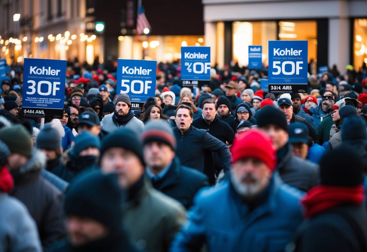 A chaotic crowd rushes towards discounted Kohler products on Black Friday
