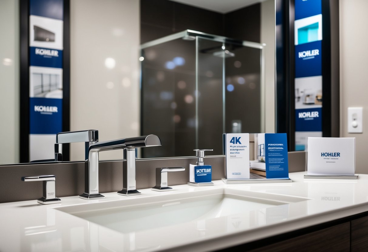 A modern bathroom with sleek Kohler fixtures and a display of promotional materials