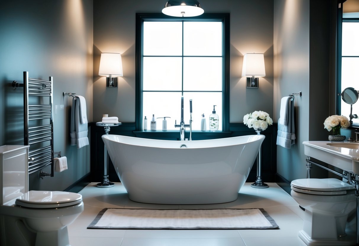 A luxurious bathroom with a modern Kohler bathtub surrounded by elegant fixtures and bath products, highlighted by a spotlight