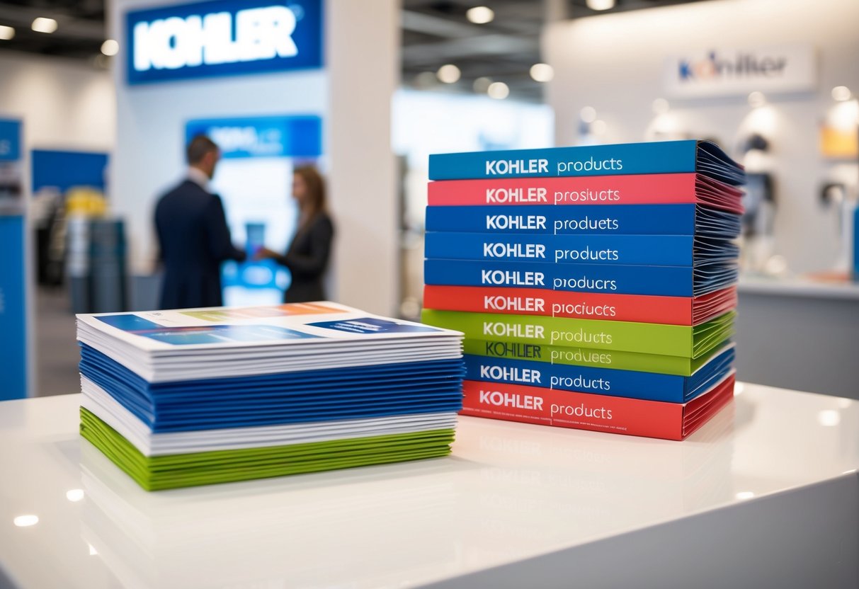 A stack of colorful promotional materials for Kohler products arranged on a clean, modern display table