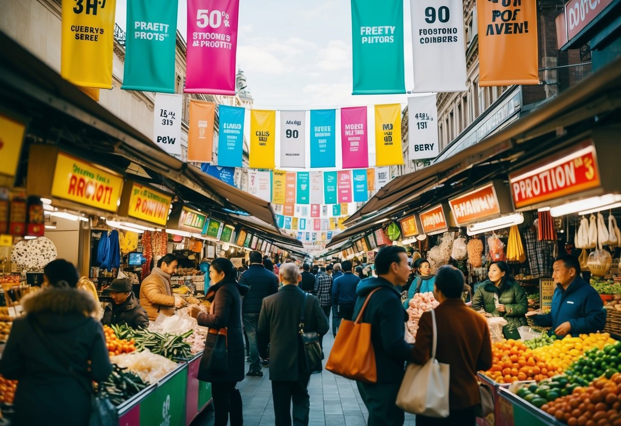 A bustling marketplace with colorful banners and signs advertising promotions, with customers browsing and vendors calling out to passersby