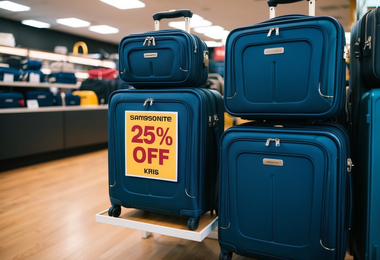 A display of Samsonite luggage with a "25% off" sign at Kris Shop