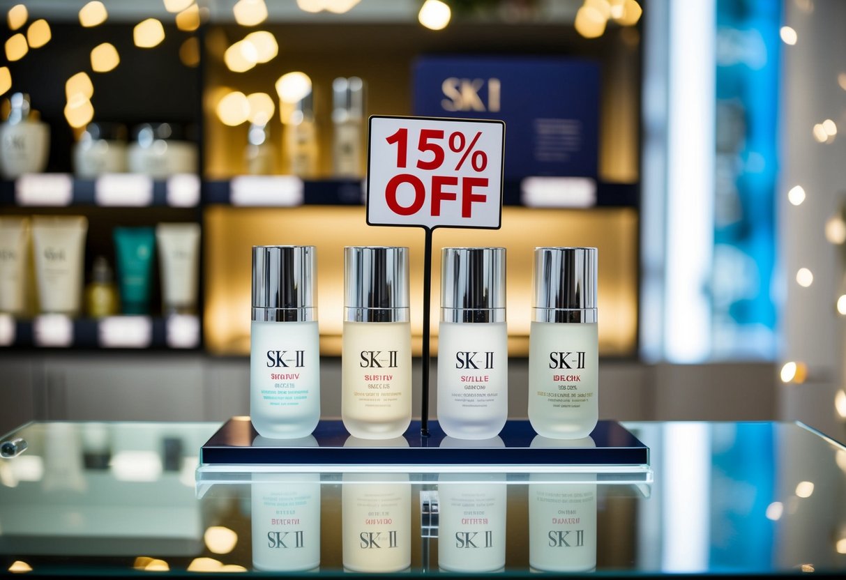 A display of SK-II skincare products with a "15% off" sign at a Kris shop