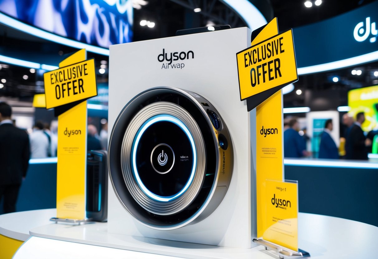 A sleek, modern display showcasing the Dyson Airwrap with a prominent "Exclusive Offer" sign. Bright, eye-catching promotional materials surround the product