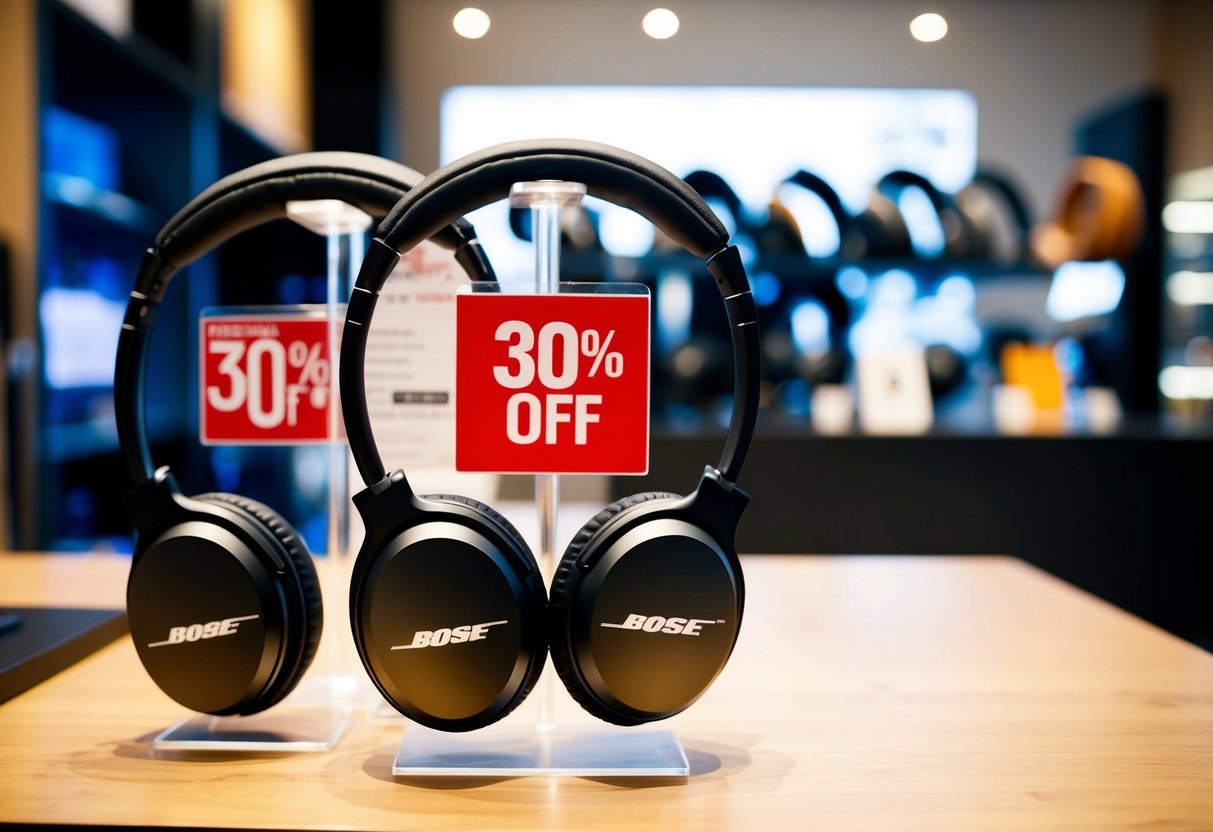 A display of Bose headphones with a "30% off" sign at Kris Shop