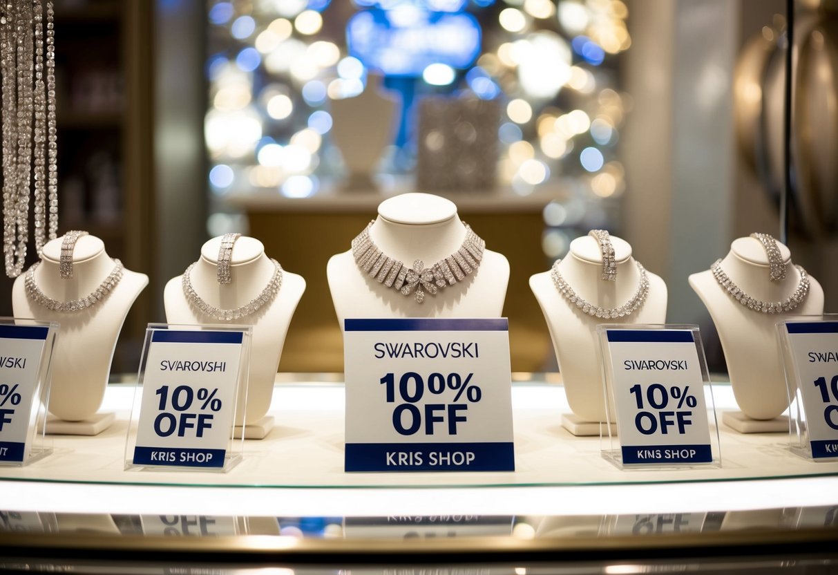 A sparkling display of Swarovski jewelry with "10% off" signs at Kris Shop