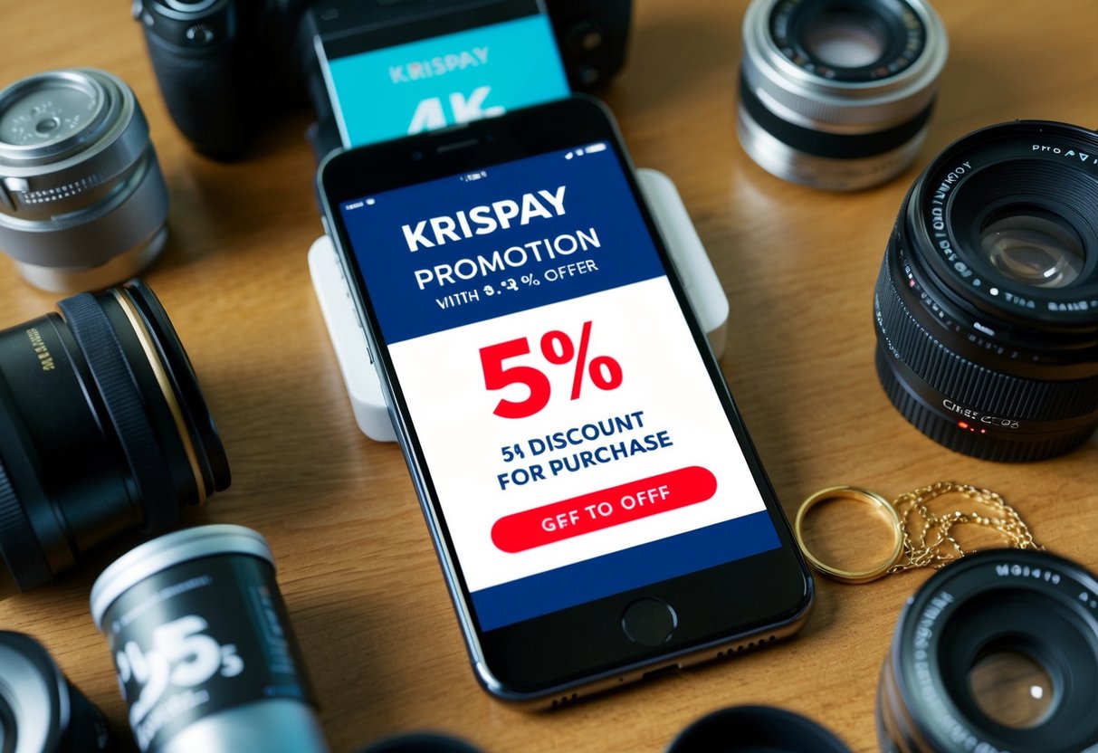 A smartphone screen displaying a KrisPay promotion with a 5% discount offer, surrounded by various items available for purchase
