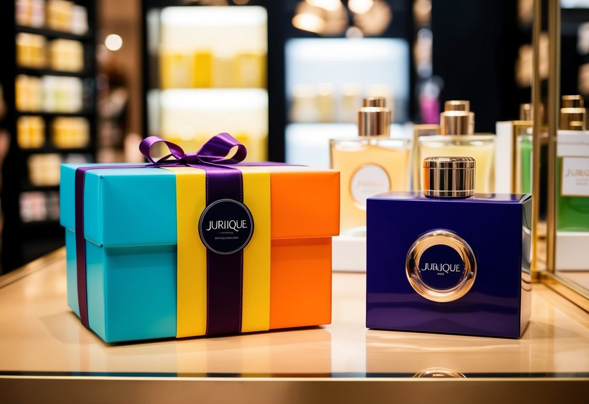 A colorful gift box sits next to a Jurlique product display in a busy shop