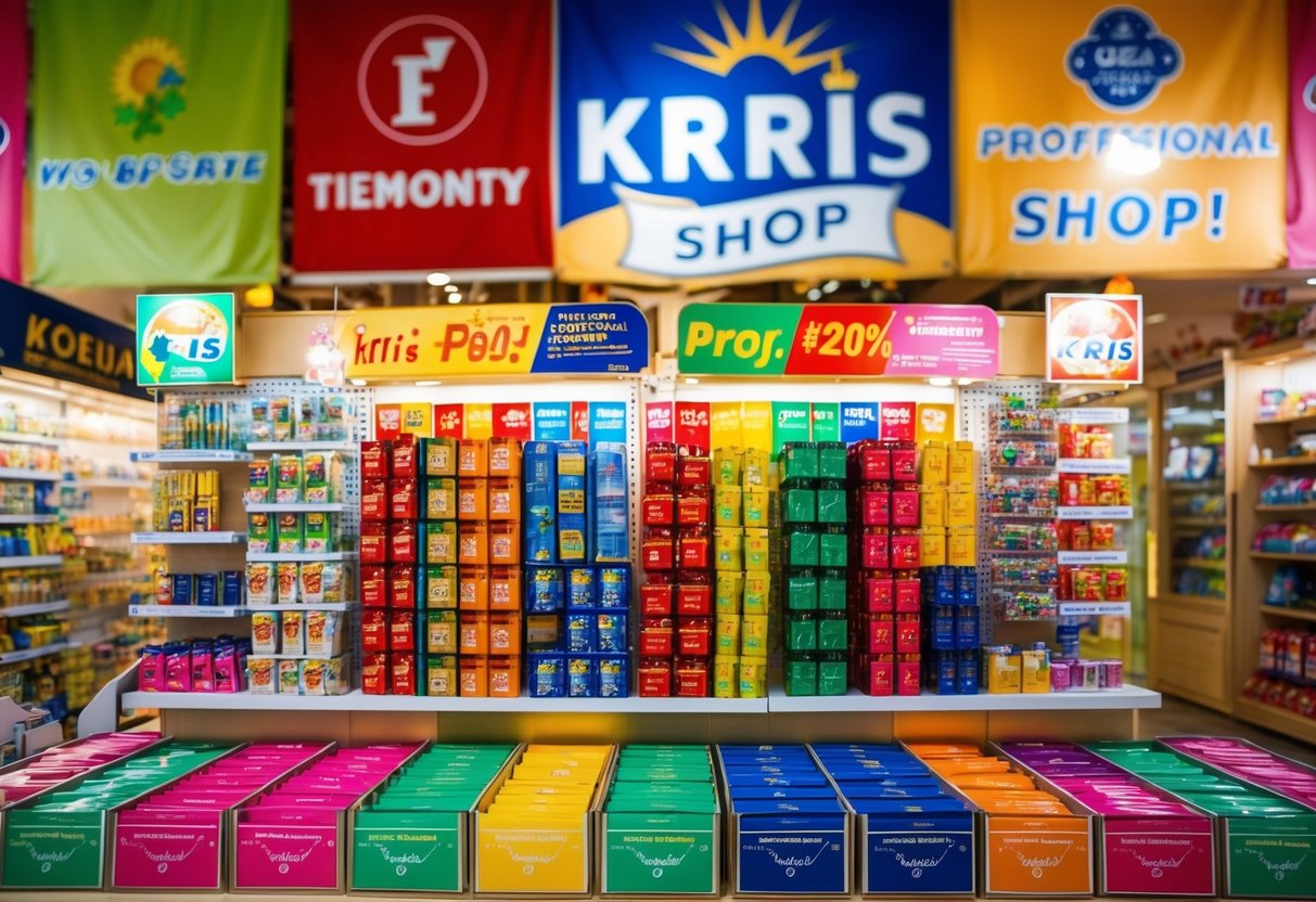 A vibrant display of products with colorful banners and promotional signs at Kris Shop