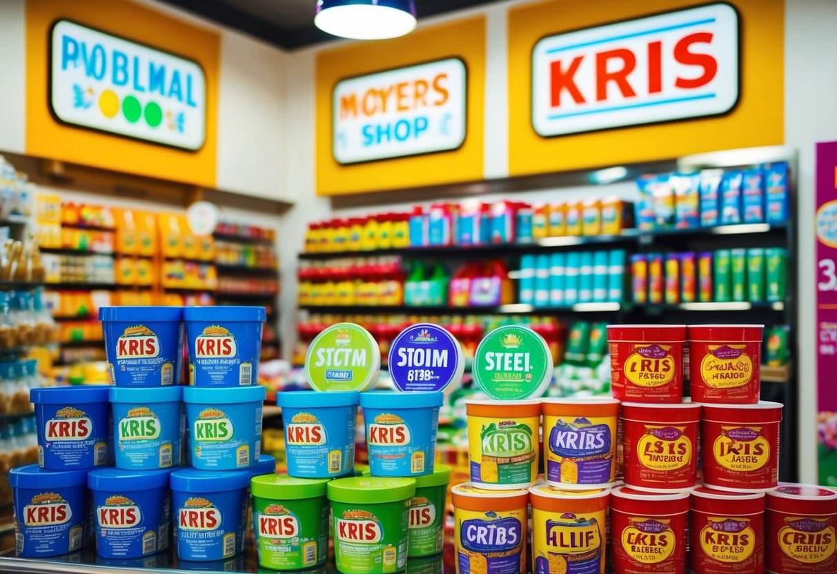 A colorful display of products with vibrant signage and promotional materials at a Kris shop