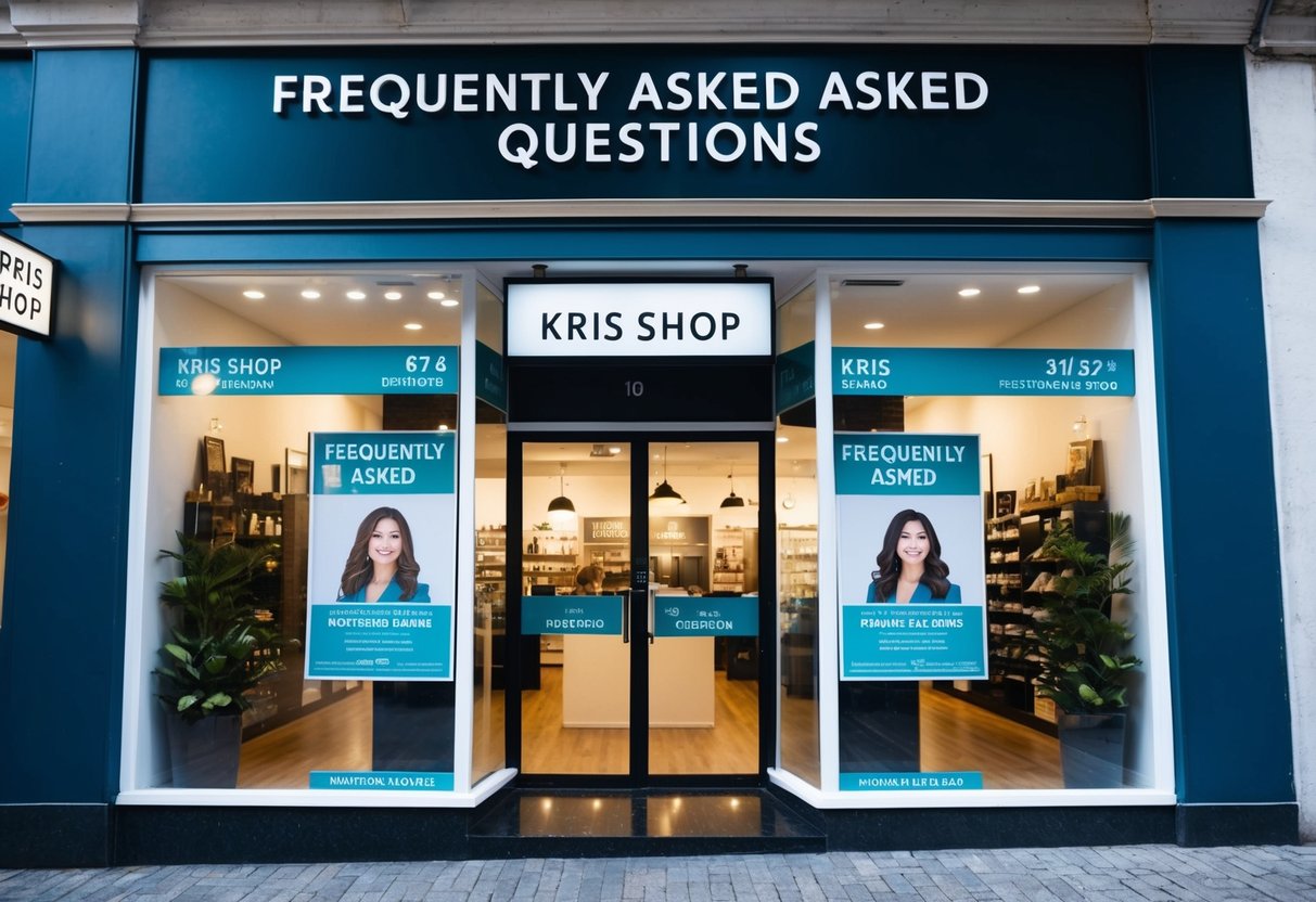 A storefront with a "Frequently Asked Questions" sign above, surrounded by promotional posters for Kris Shop