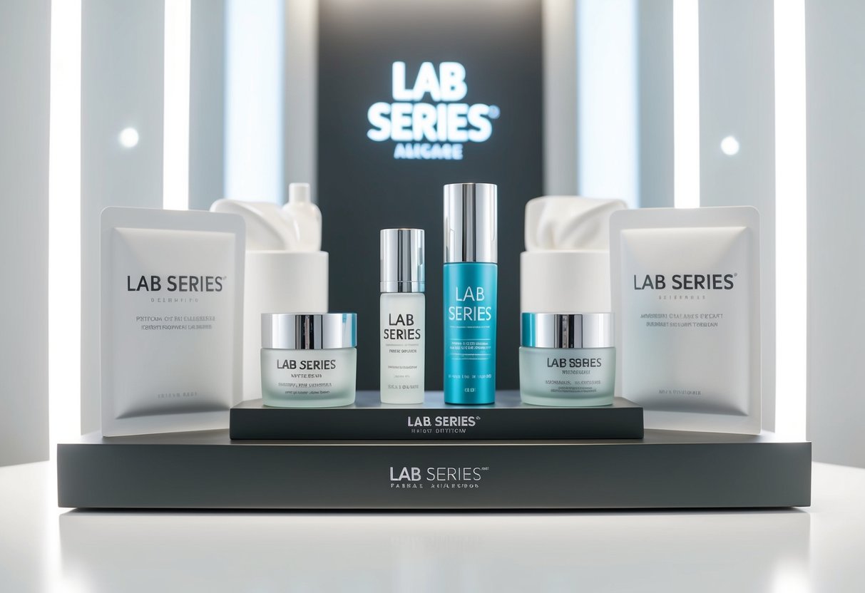 A sleek, modern display featuring Lab Series skincare products, surrounded by bright, clean lighting and minimalist branding