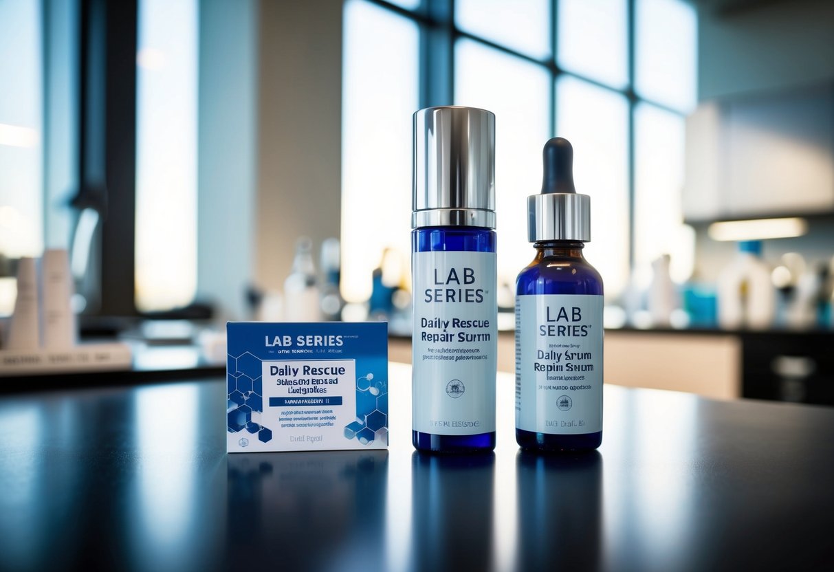 A sleek, modern laboratory setting with a display of Lab Series Daily Rescue Repair Serum and promotional materials