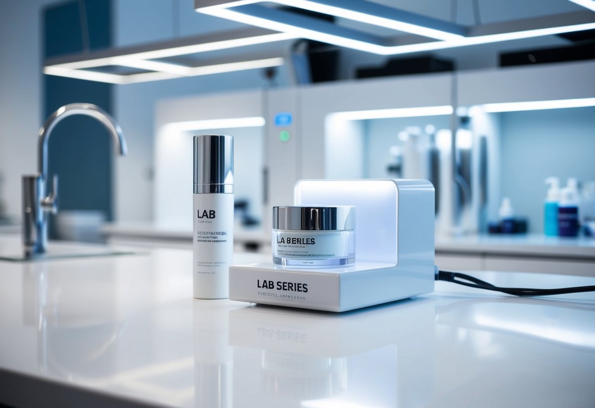 A sleek, modern laboratory setting with clean, white surfaces and high-tech equipment. Bright lighting highlights the Lab Series All-In-One Face Treatment product on display