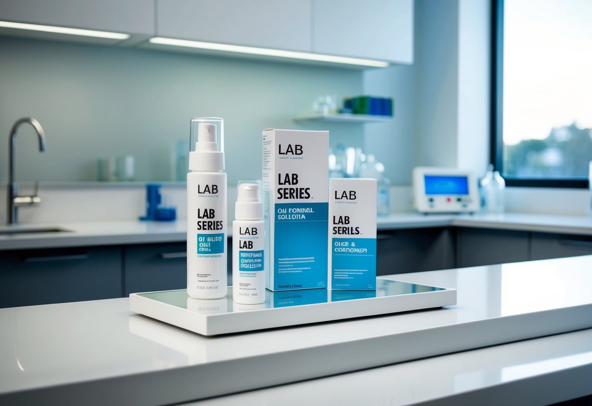 A sleek, modern lab setting with clean, white surfaces and scientific equipment. A prominent display of Lab Series Oil Control Solution with promotional materials