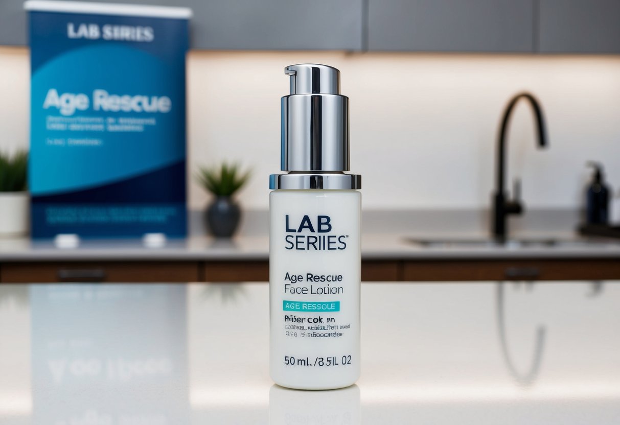 A sleek, modern bottle of Lab Series Age Rescue Face Lotion sits on a clean, uncluttered countertop with a promotional banner in the background