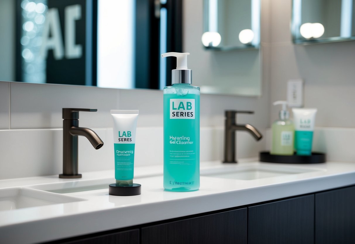 A sleek, modern bathroom counter with a bottle of Lab Series Hydrating Gel Cleanser prominently displayed next to a promotional sign
