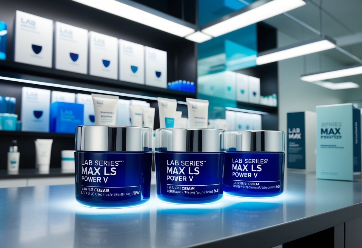 A sleek, modern lab with shelves displaying Lab Series Max LS Power V Lifting Cream. Bright lights highlight the product, and promotional materials adorn the walls