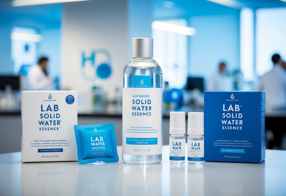 A sleek, modern laboratory setting with the Lab Series Solid Water Essence prominently displayed in the center, surrounded by promotional materials and branding