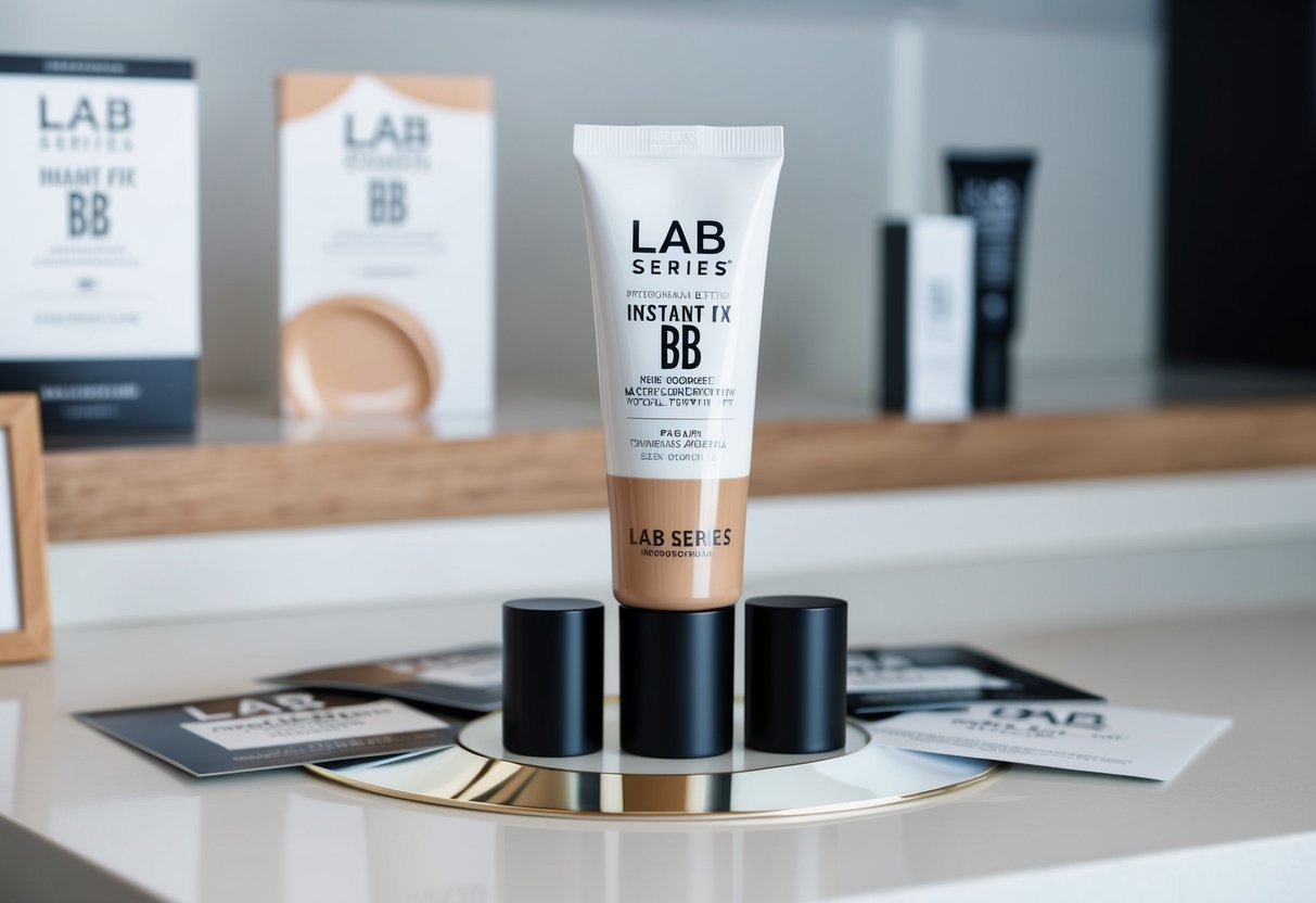 A sleek, modern tube of Lab Series Instant Fix BB Tinted Moisturiser surrounded by promotional materials and displayed on a clean, minimalist countertop