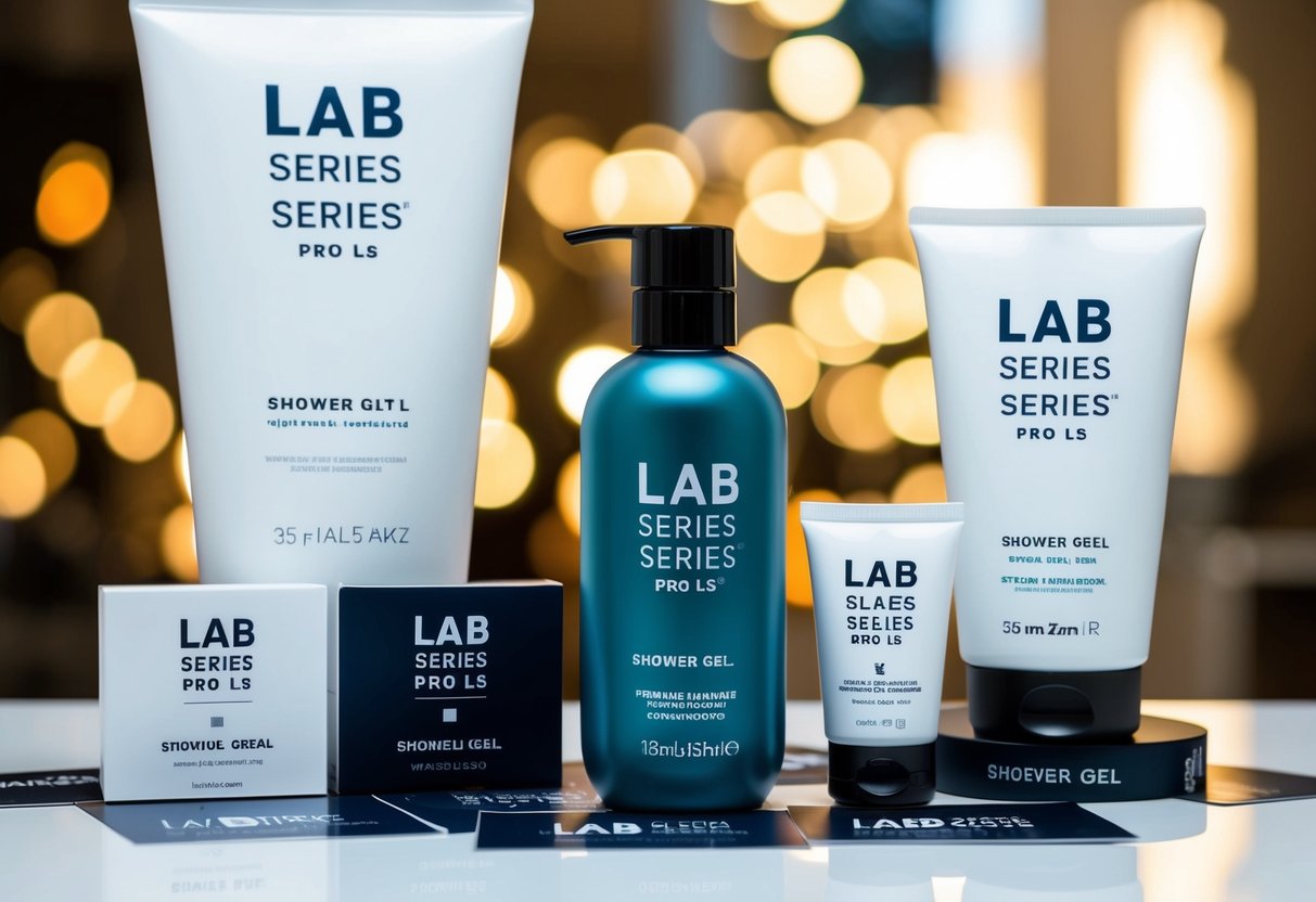 A sleek, modern shower gel bottle surrounded by various promotional materials and branding for Lab Series Pro LS