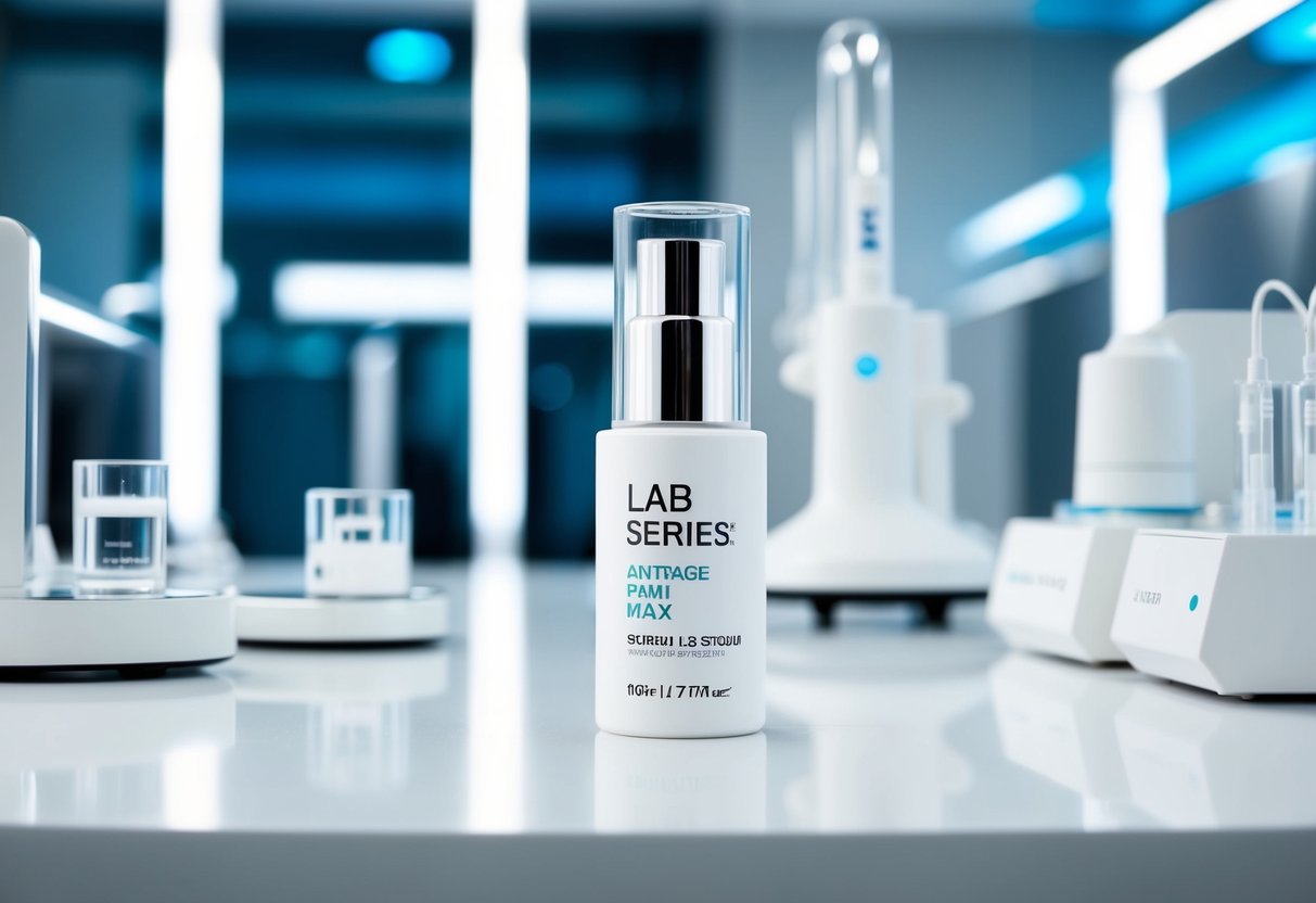 A sleek, modern laboratory setting with clean, white surfaces and futuristic equipment. The Lab Series Anti-Age Max LS Serum prominently displayed in the center of the scene
